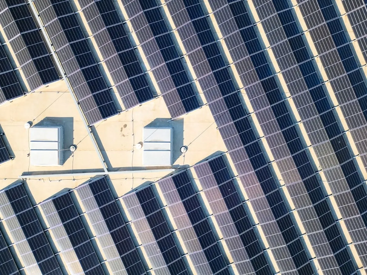 Aerial view of a large solar panel installation