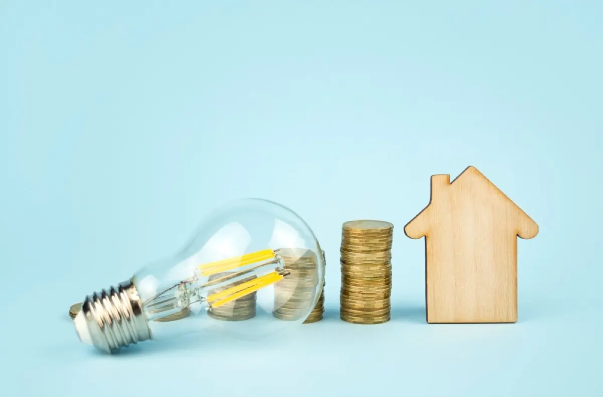 business concept wooden house lamp and coins