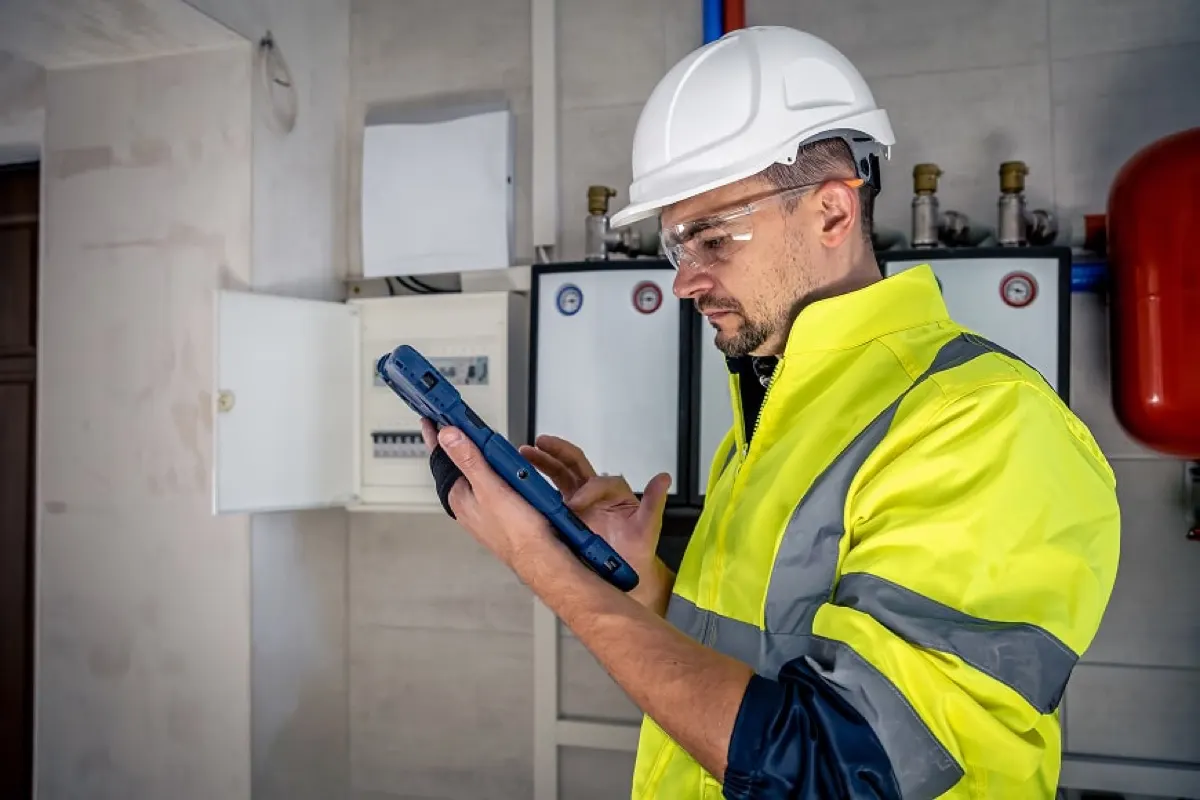 an electrical technician working in a switchboard with fuses, uses a tablet.
