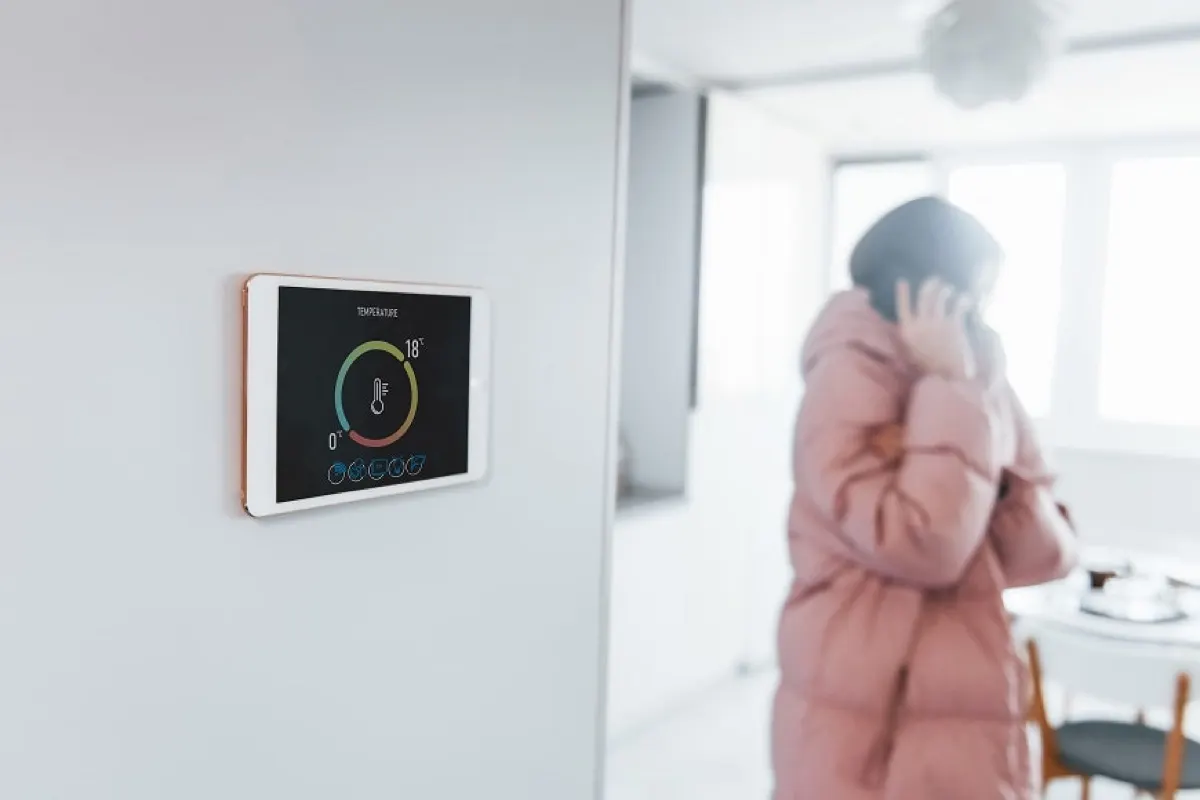 Woman is indoors controlling smart home technology