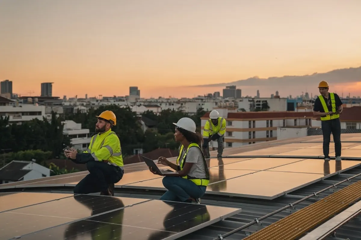 engineer checking solar cell on the roof for maintenance