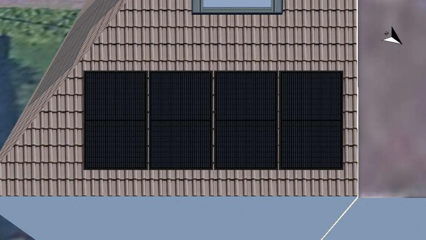 PV*SOL 3D model of one roof face with four all-black panels laid out around the rooflight