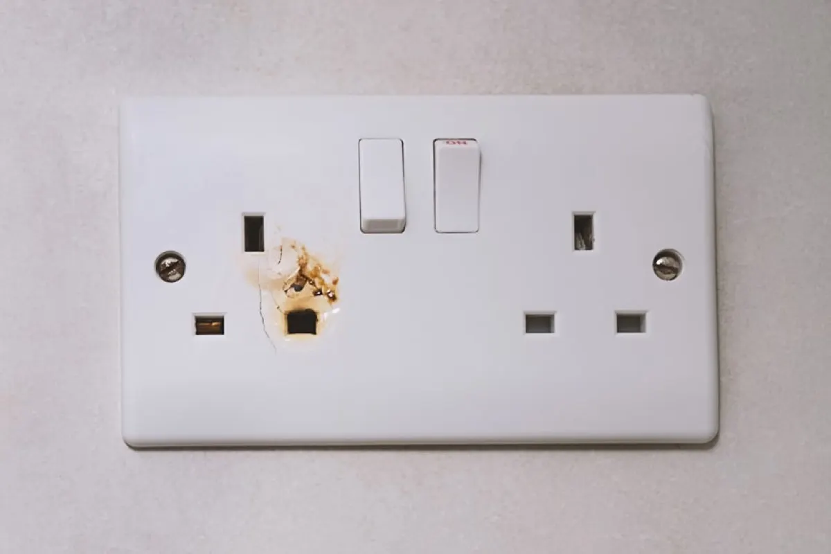 Damaged electrical socket being inspected for faults