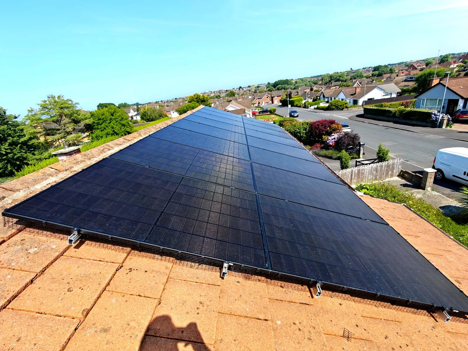 South-facing solar array across a Northern Ireland roof