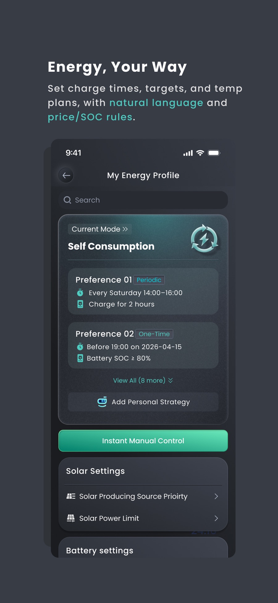 Official mySigen app energy controls: Self Consumption, charging preferences and solar settings