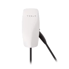 Tesla Wall Connector — white wall-mounted EV charger with tethered cable